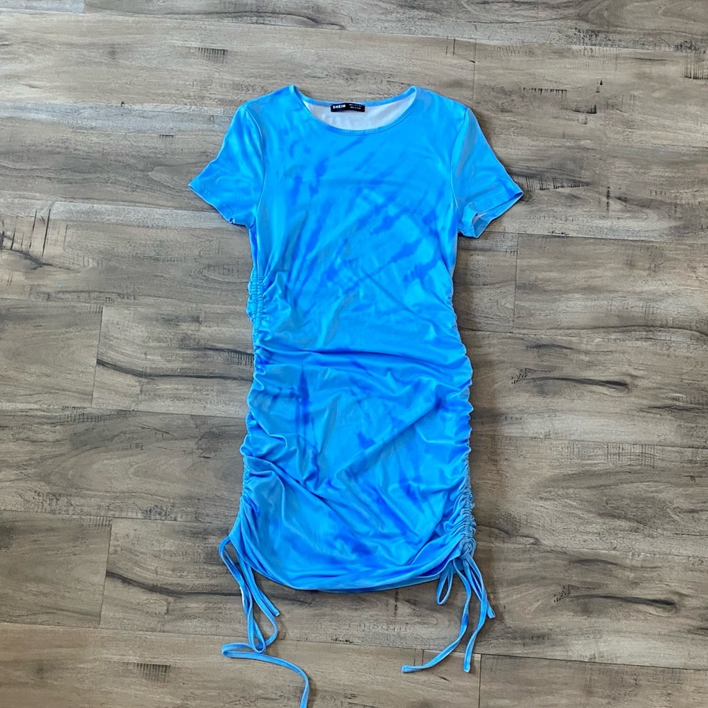 Tie Dye Baby Blue Aqua Bodycon Sexy Shirt Dress Mini Casual Short Sleeves